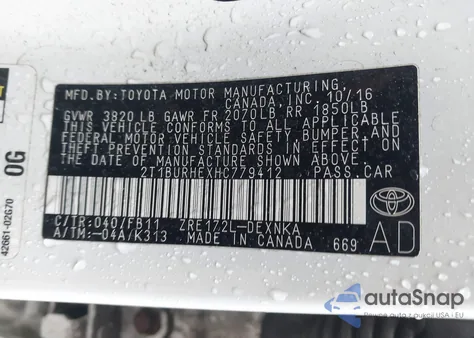 2017 Toyota Corolla Le from USA, damaged, VIN 2T1BURHEXHC779412